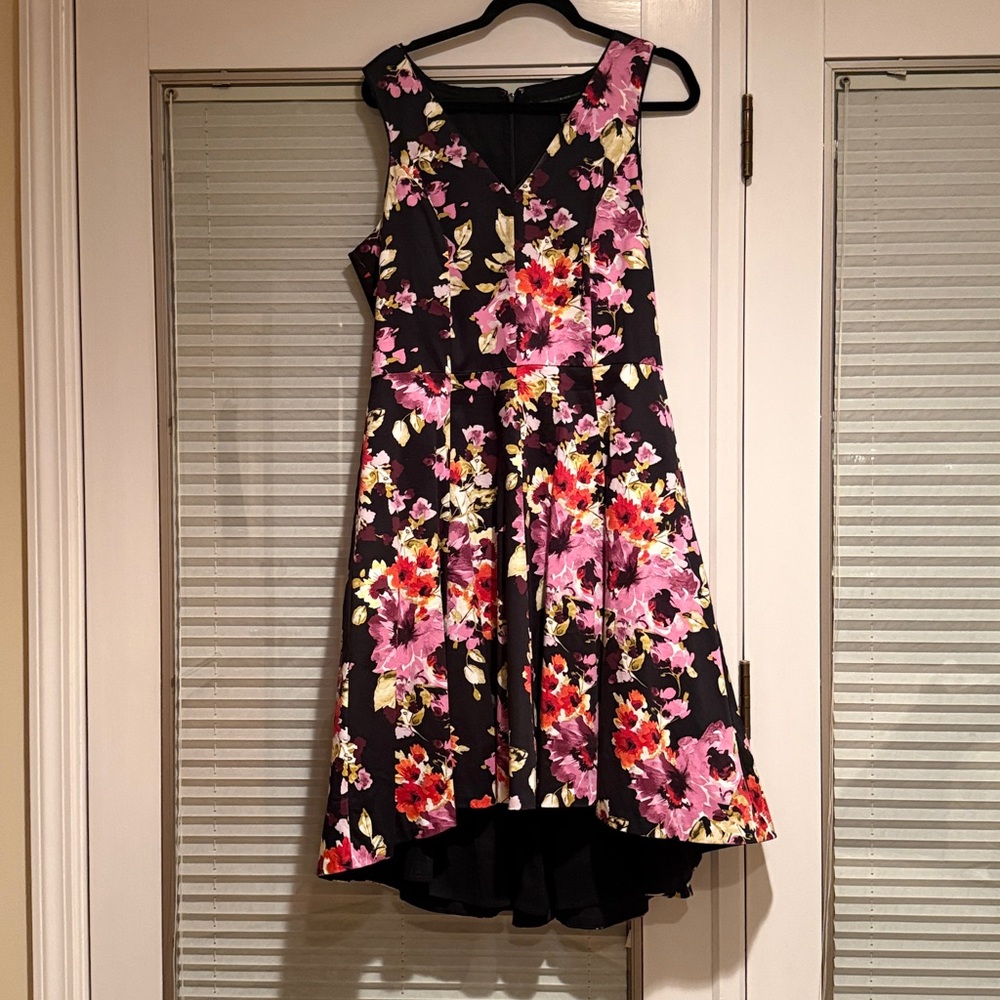 White House Black Market Black and Pink Floral Midi Dress